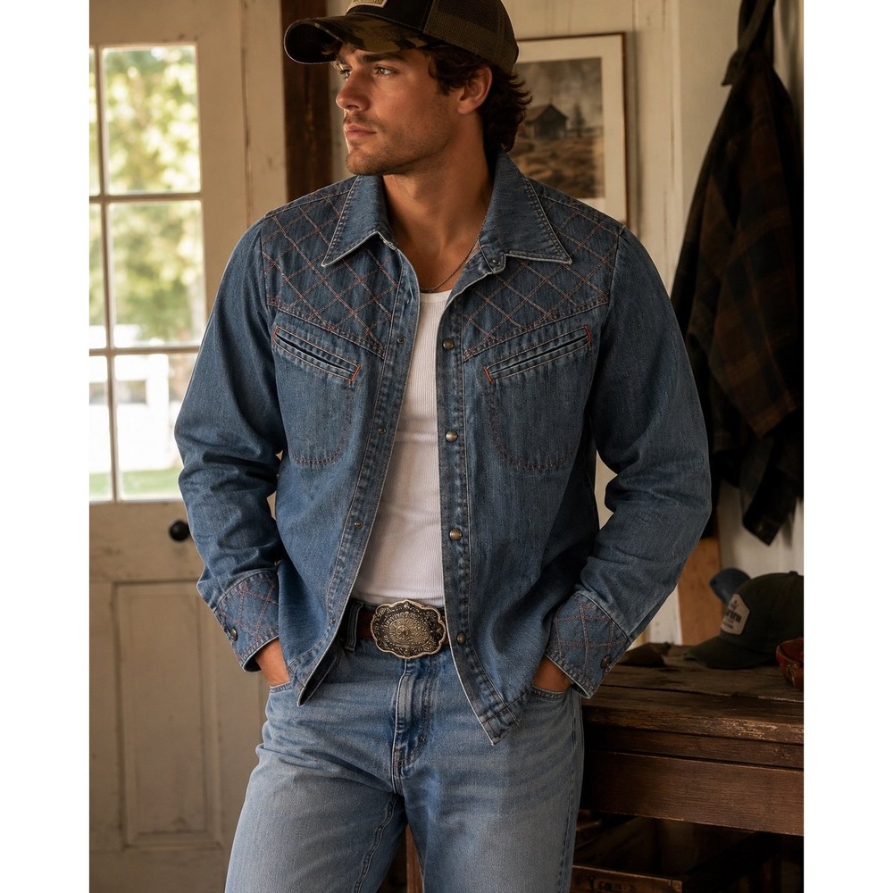 Grants Denim Quilted  Button Long Sleeve Shirt (no size tag) AS IS